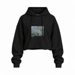 Water Lilies Oversize Crop Hoodie — Siyah — Ön baskı