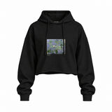 Water Lilies Oversize Crop Hoodie — Siyah — Ön baskı