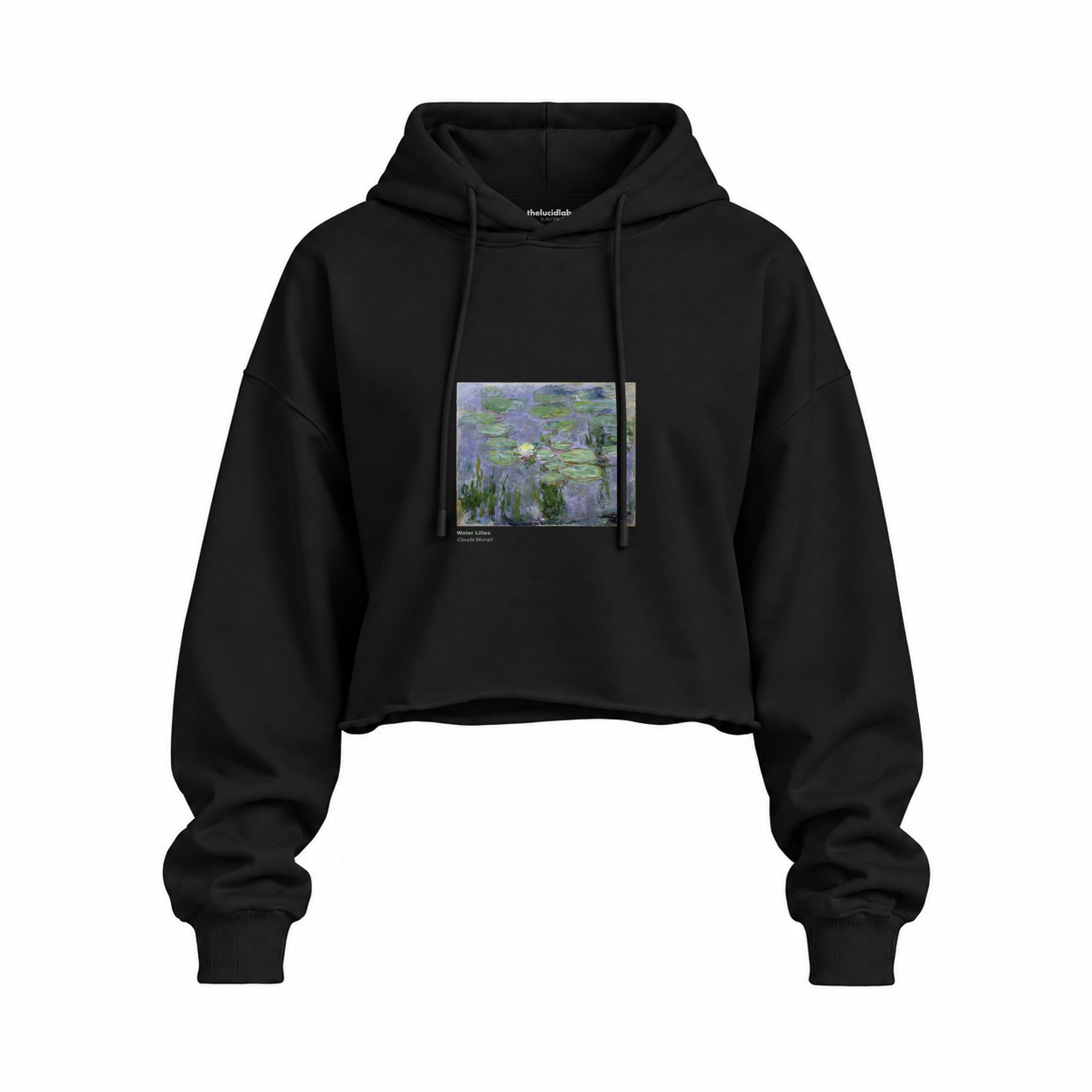 Water Lilies Oversize Crop Hoodie — Siyah — Ön baskı