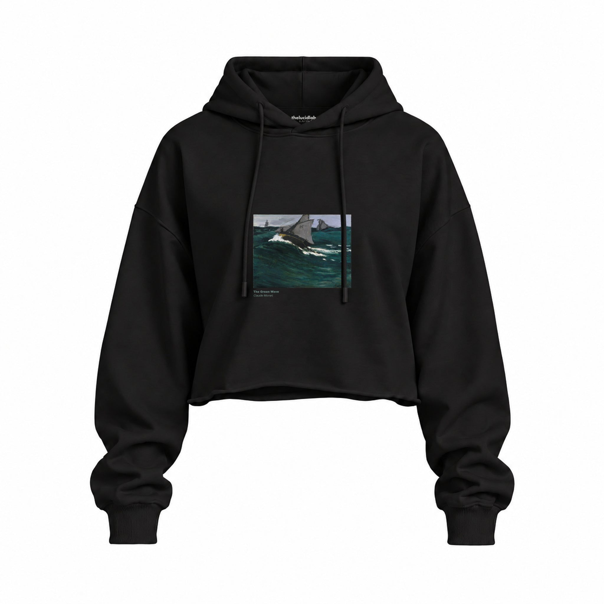 The Green Wave Oversize Crop Hoodie — Siyah — Ön baskı