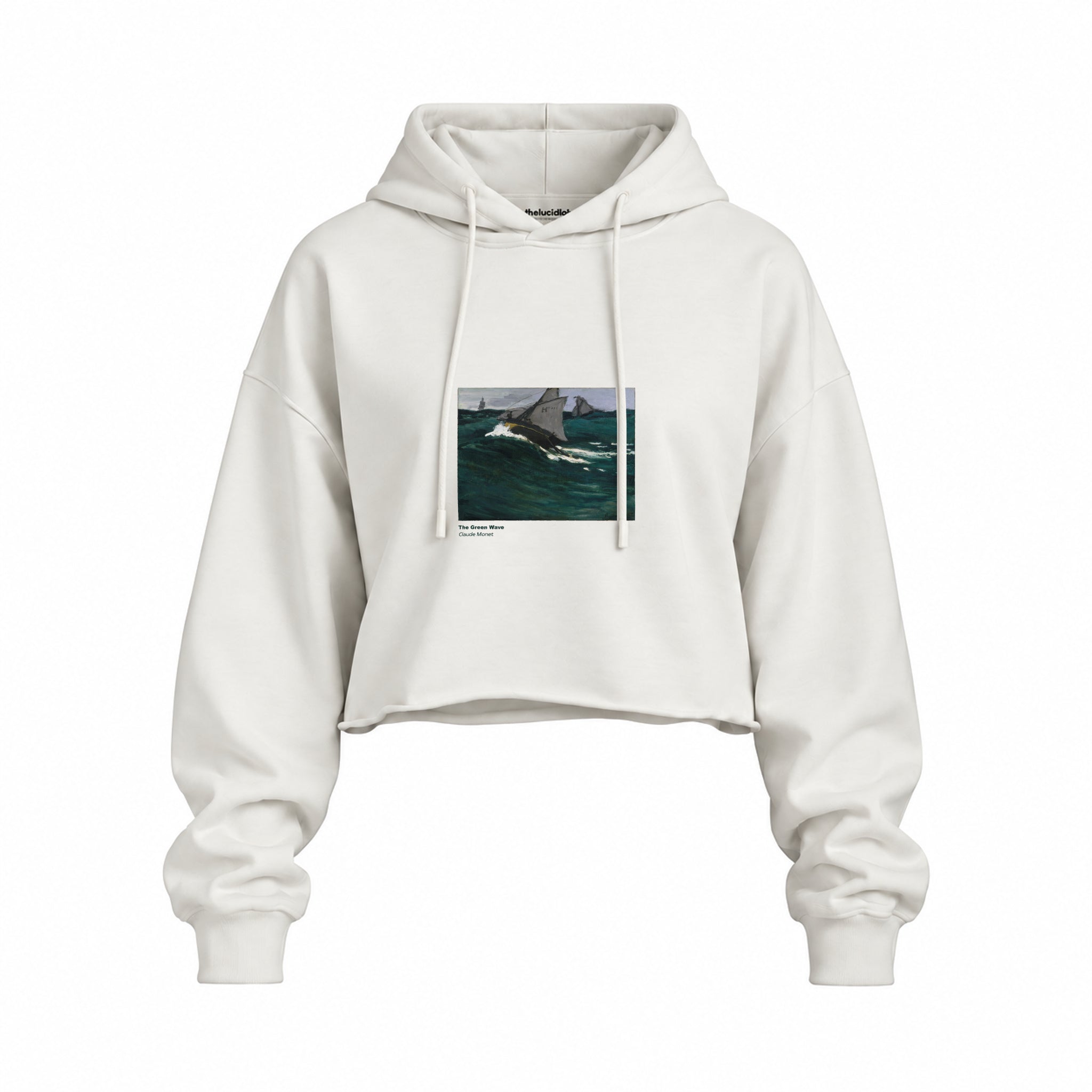The Green Wave Oversize Crop Hoodie — Beyaz — Ön baskı