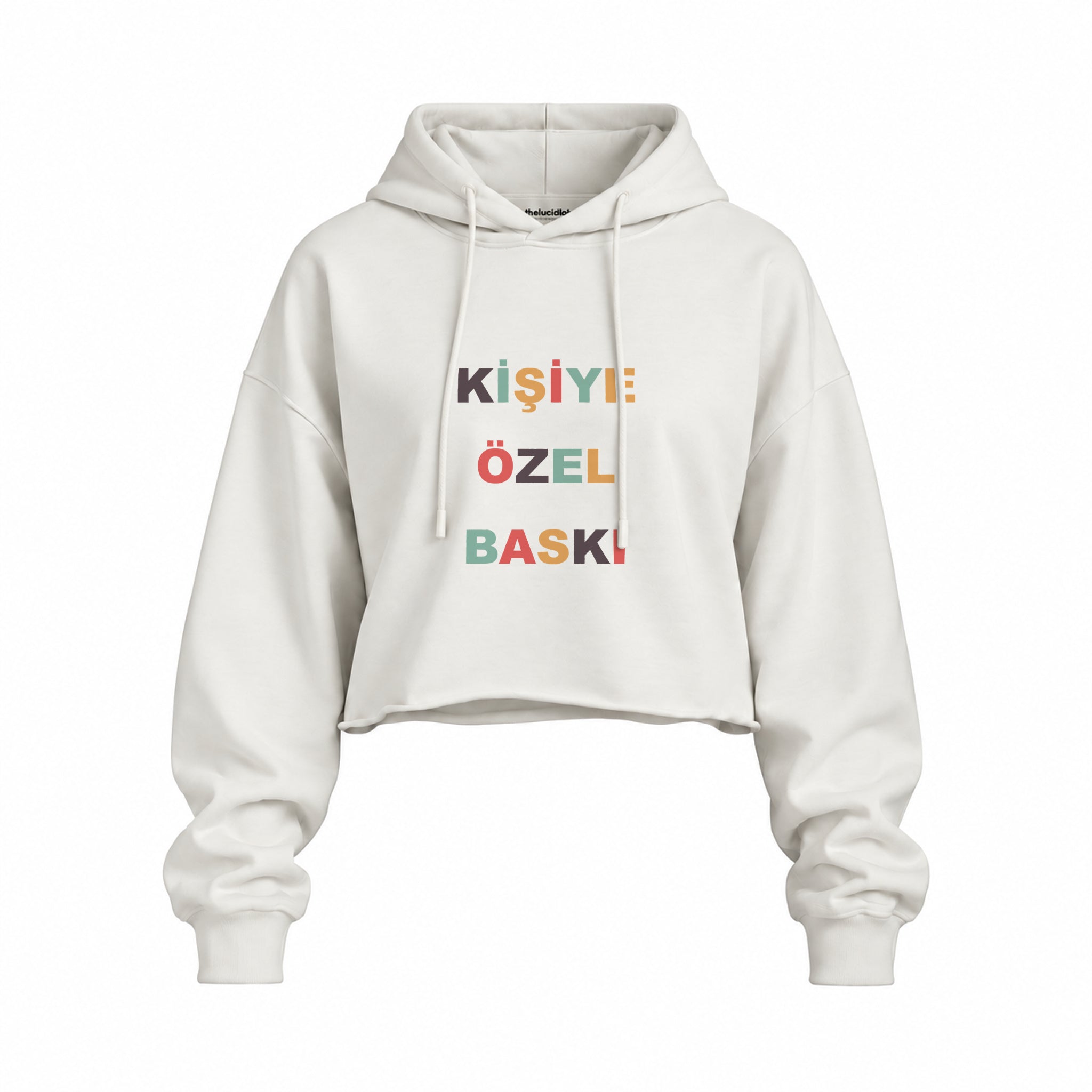 Kişiye Özel Baskılı Oversize Crop Hoodie — Beyaz — Ön baskı