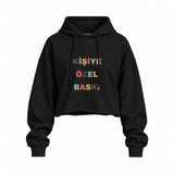 Kişiye Özel Baskılı Oversize Crop Hoodie — Siyah — Ön baskı