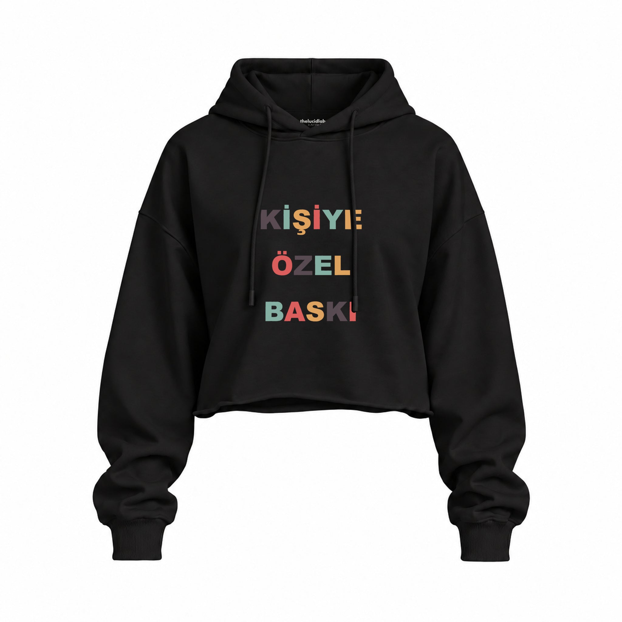 Kişiye Özel Baskılı Oversize Crop Hoodie — Siyah — Ön baskı