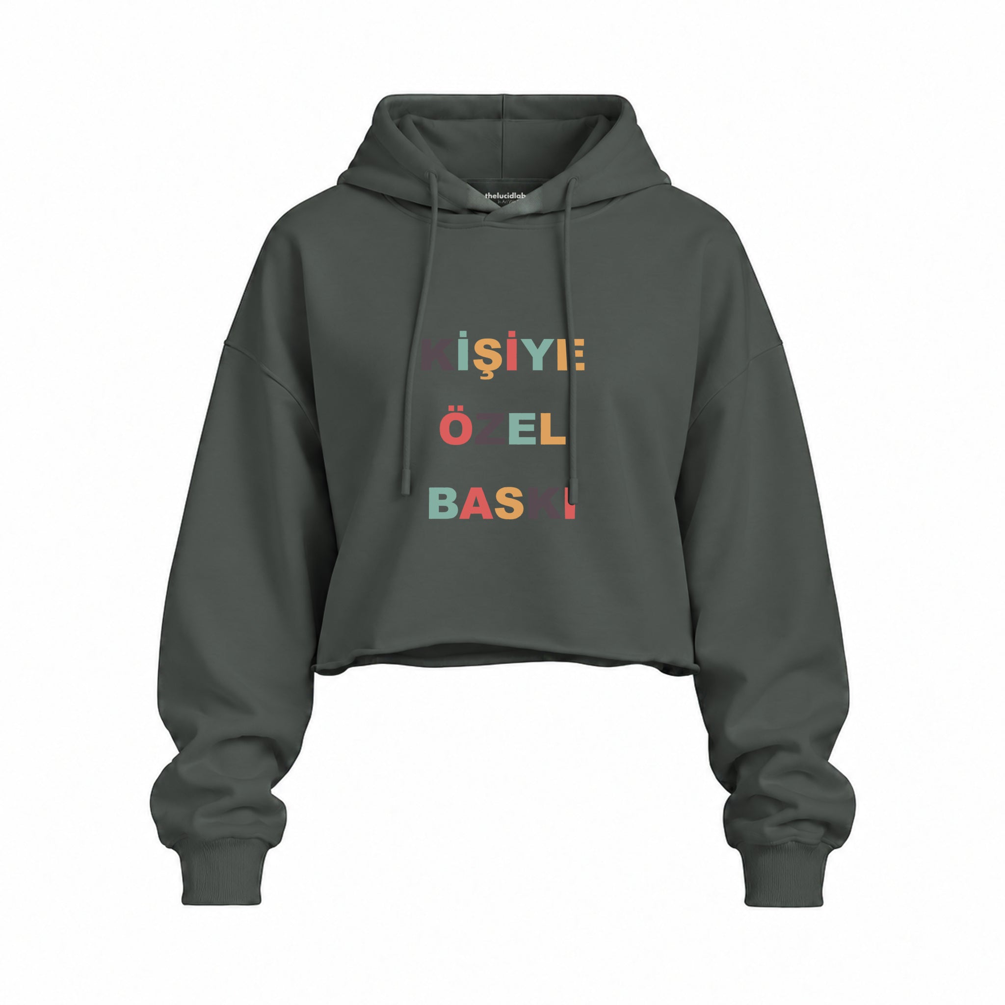 Kişiye Özel Baskılı Oversize Crop Hoodie — Antrasit — Ön baskı