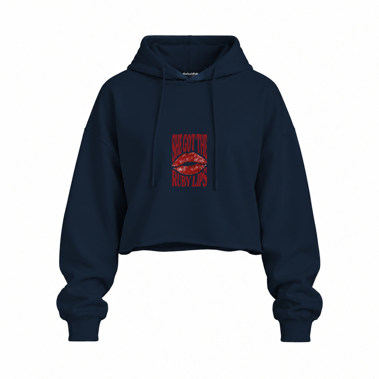 Ruby Lips Oversize Crop Hoodie — Lacivert — Ön baskı