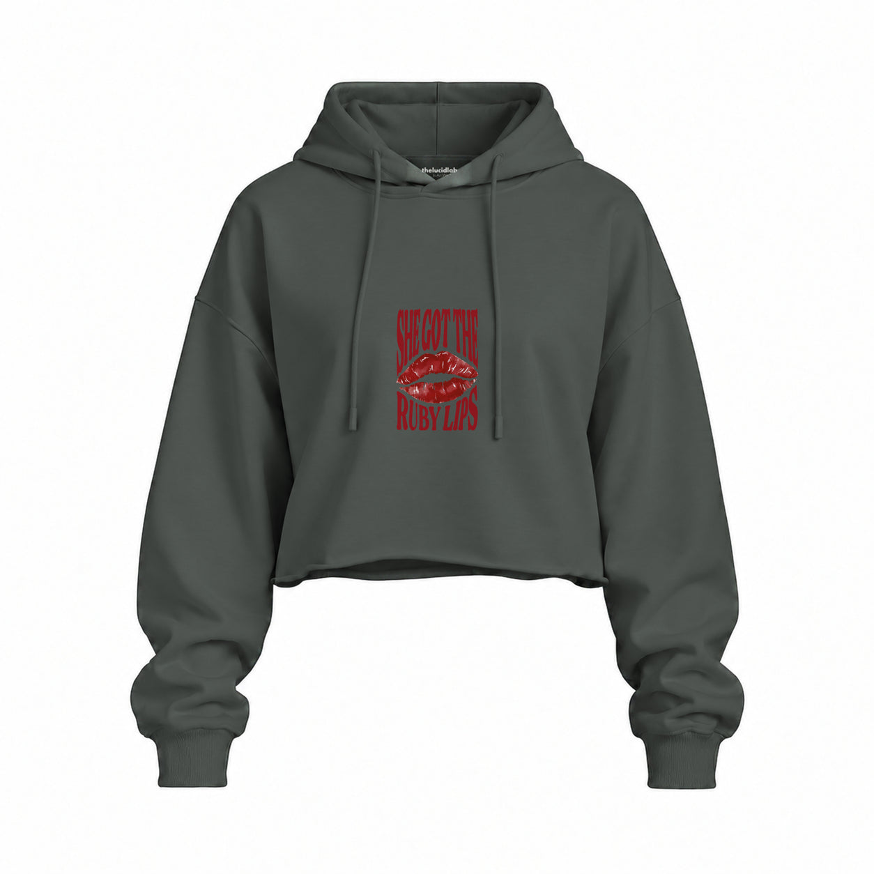 Ruby Lips Oversize Crop Hoodie — Antrasit — Ön baskı