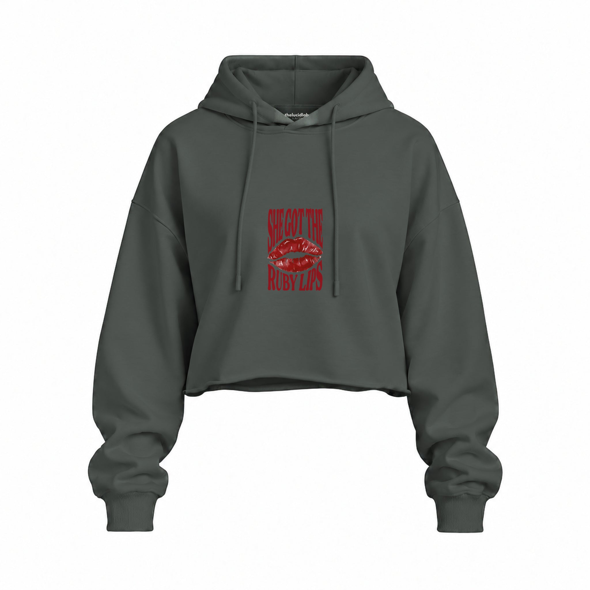Ruby Lips Oversize Crop Hoodie — Antrasit — Ön baskı