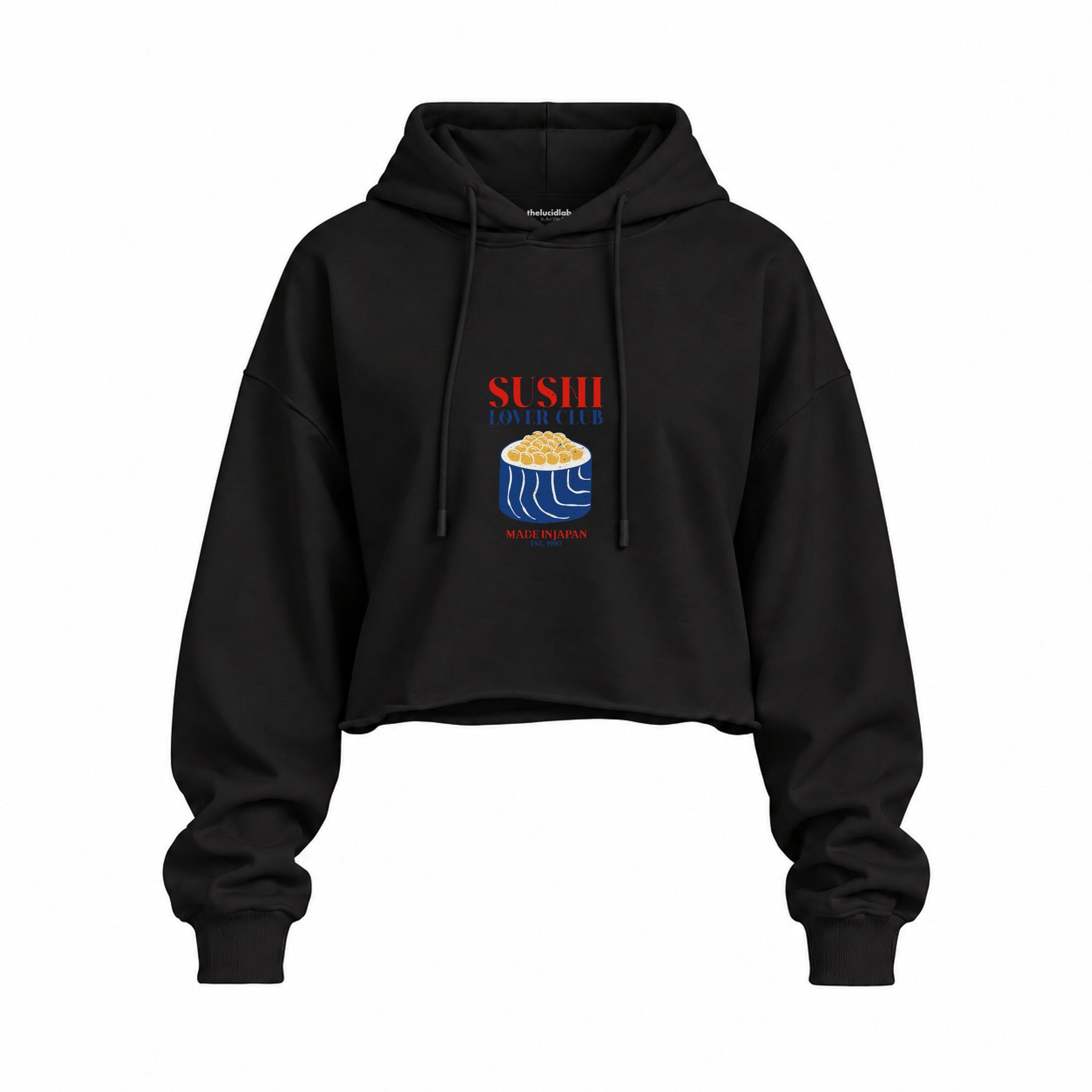 Sushi Lover Club Oversize Crop Hoodie — Siyah — Ön baskı