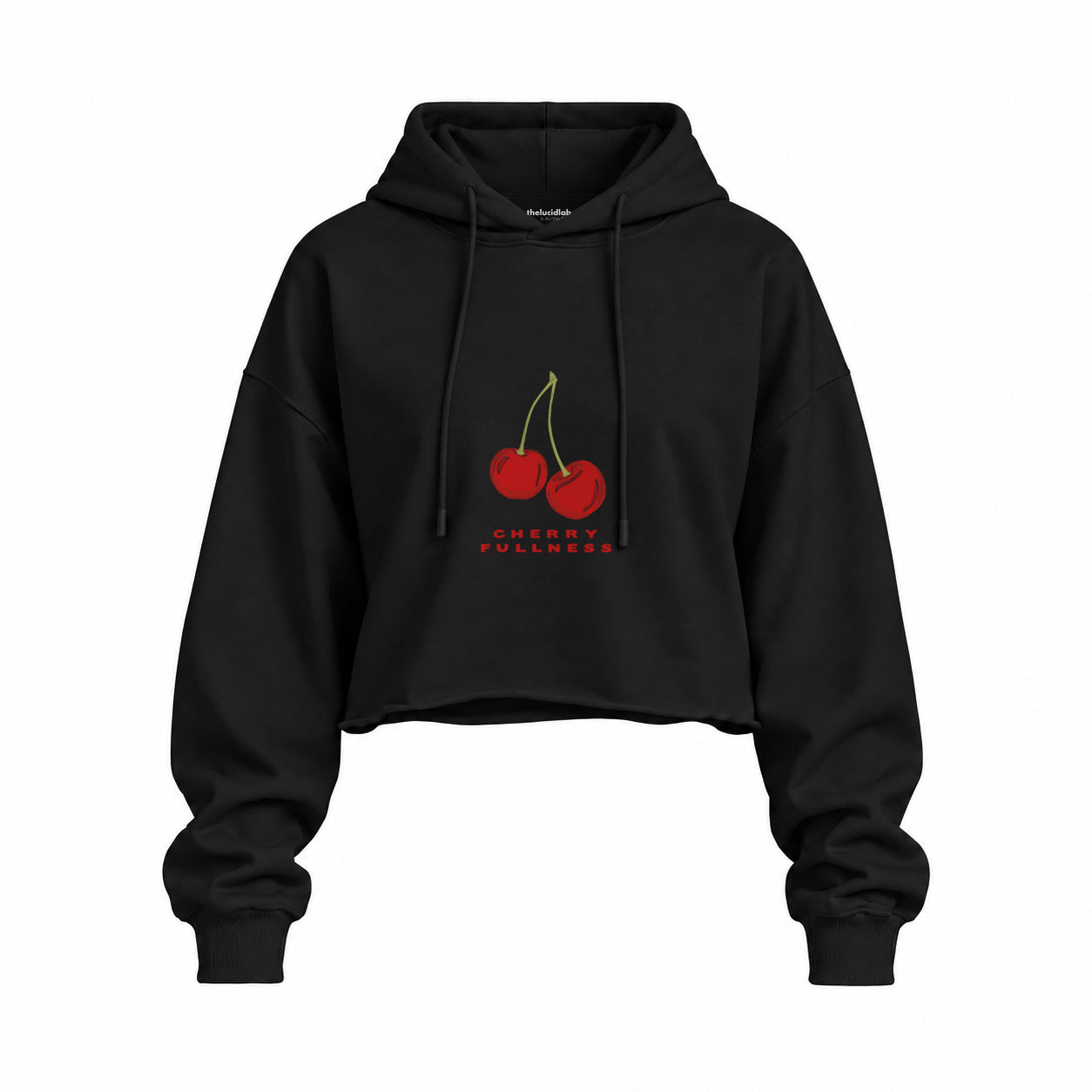 Cherry Fullness Oversize Crop Hoodie — Siyah — Ön baskı