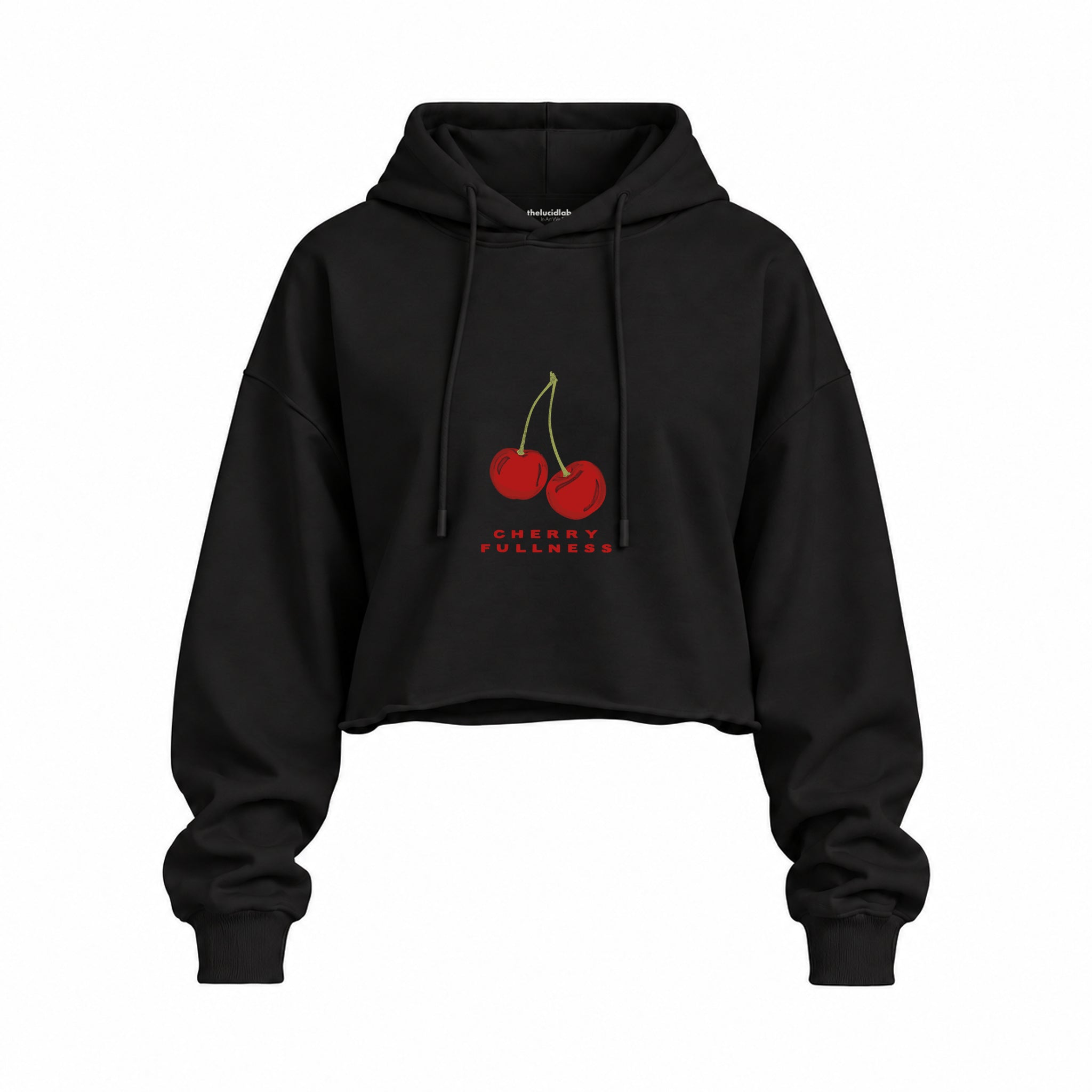 Cherry Fullness Oversize Crop Hoodie — Siyah — Ön baskı