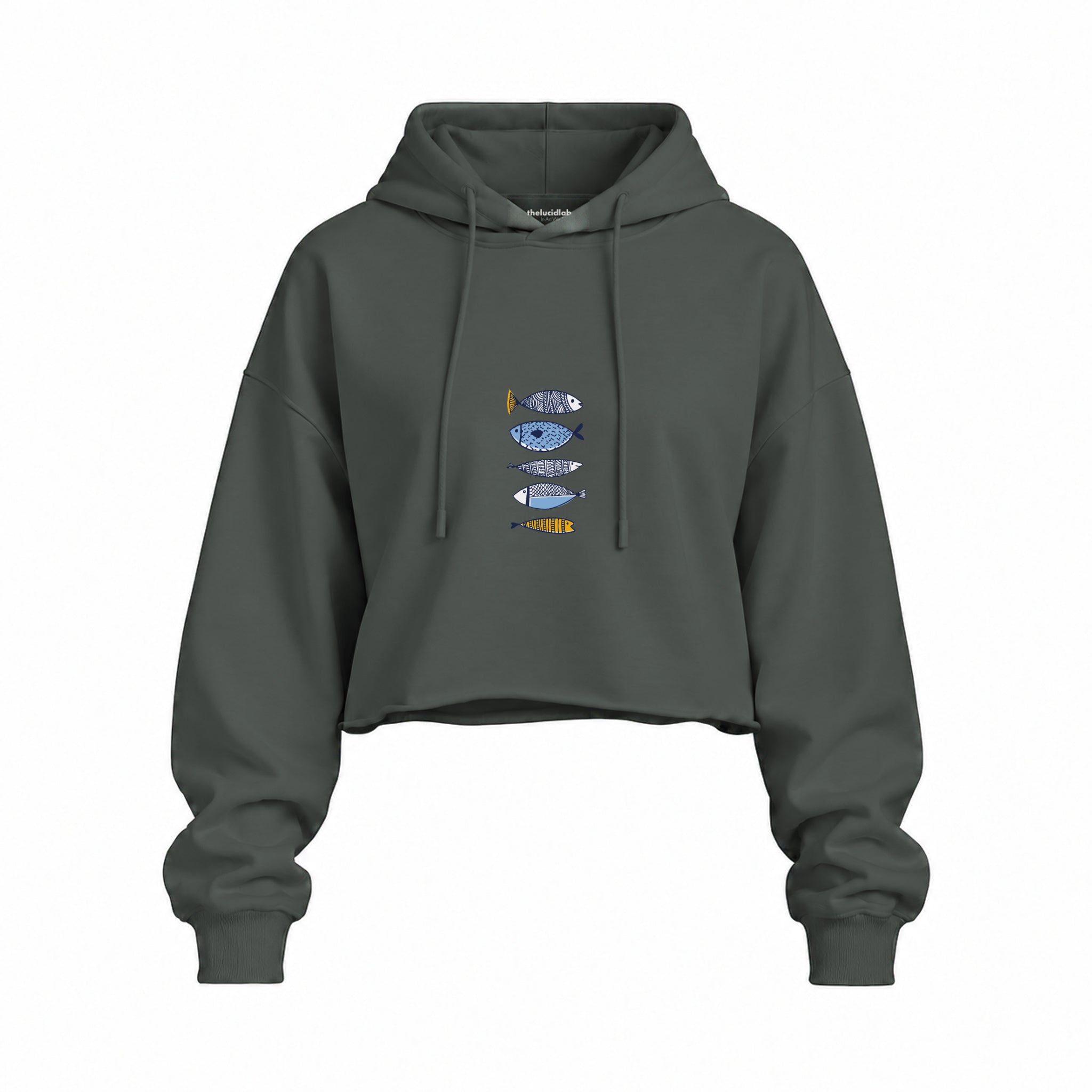 Marine Pattern Study Oversize Crop Hoodie — Antrasit — Ön baskı
