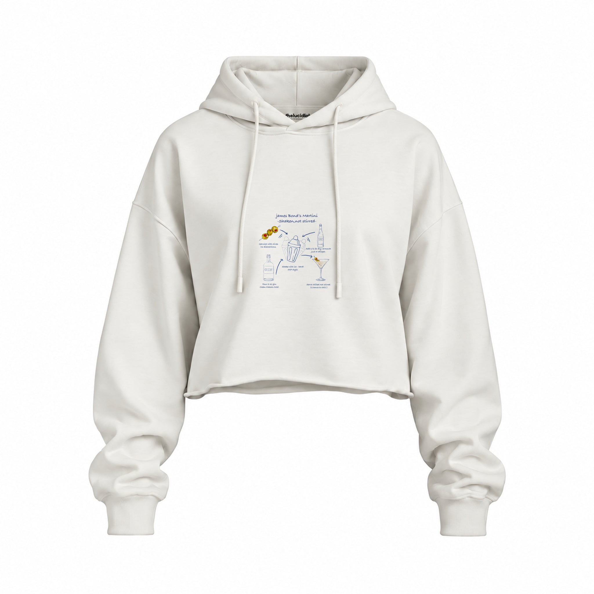 James Bond's Martini Oversize Crop Hoodie — Beyaz — Ön baskı