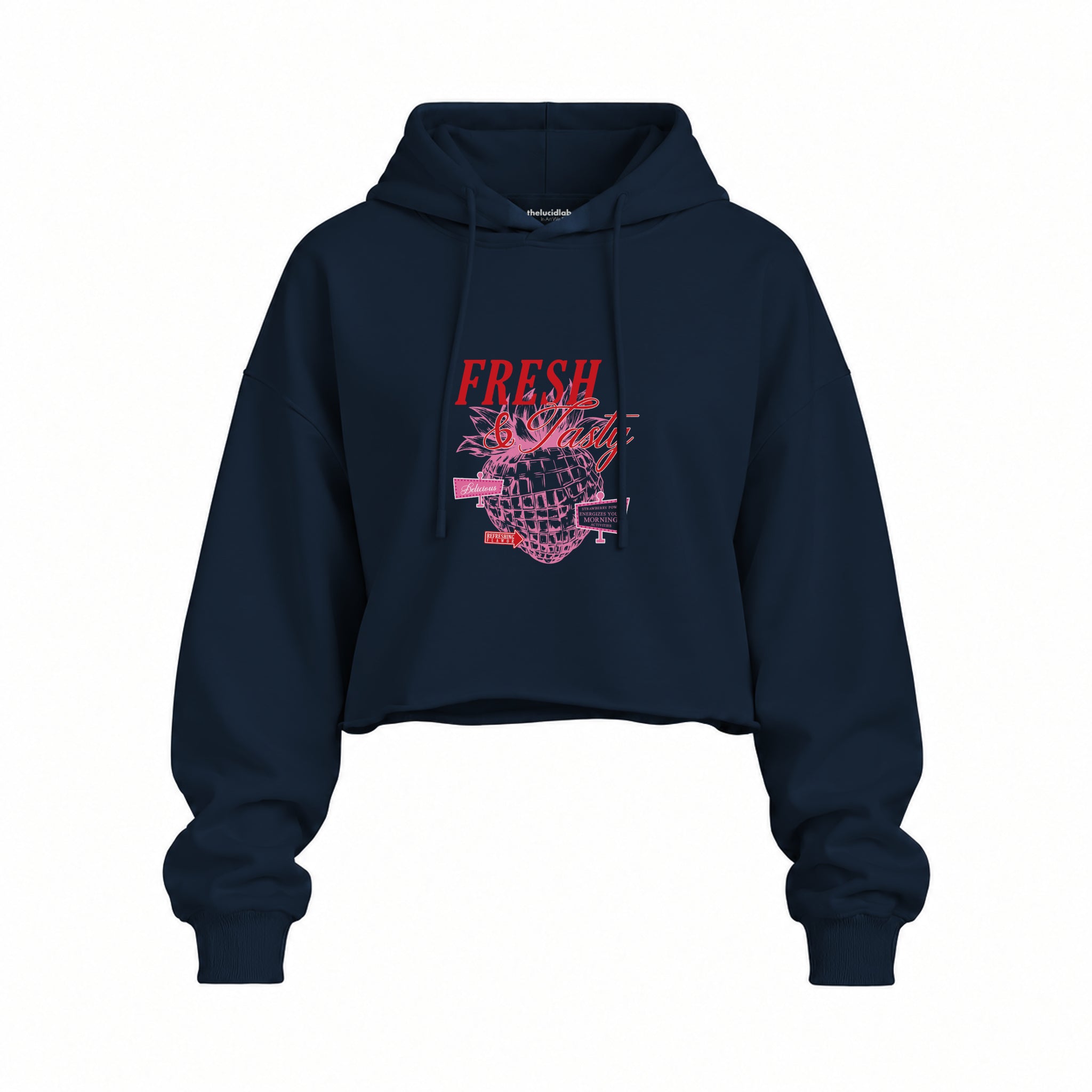 Fresh & Tasty Oversize Crop Hoodie — Lacivert — Ön baskı