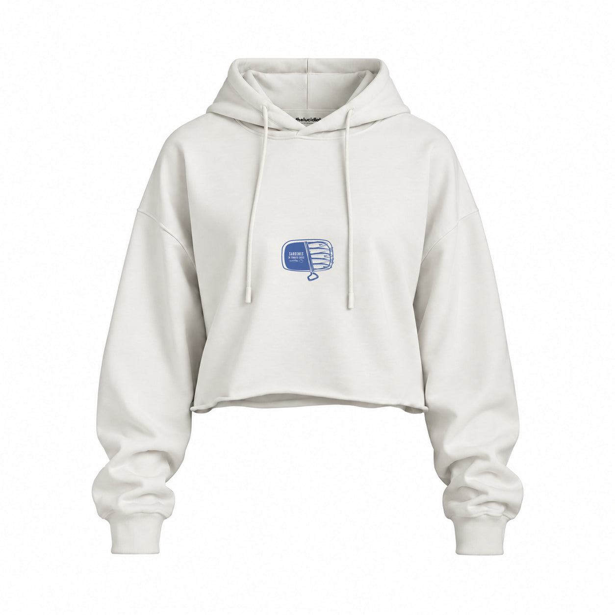 Sardines Oversize Crop Hoodie — Beyaz — Ön baskı