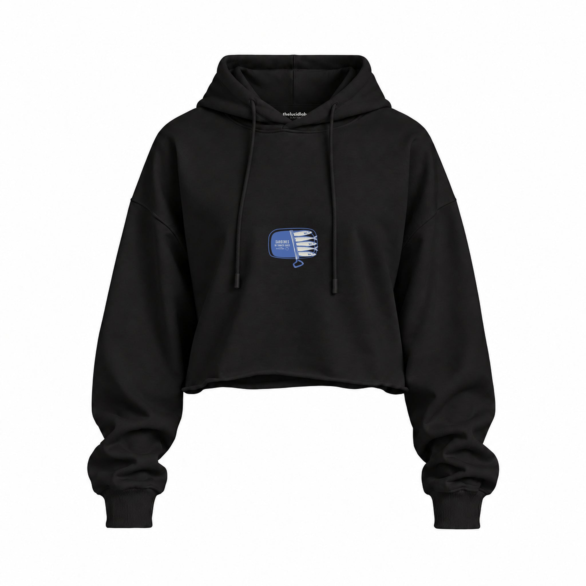 Sardines Oversize Crop Hoodie — Siyah — Ön baskı