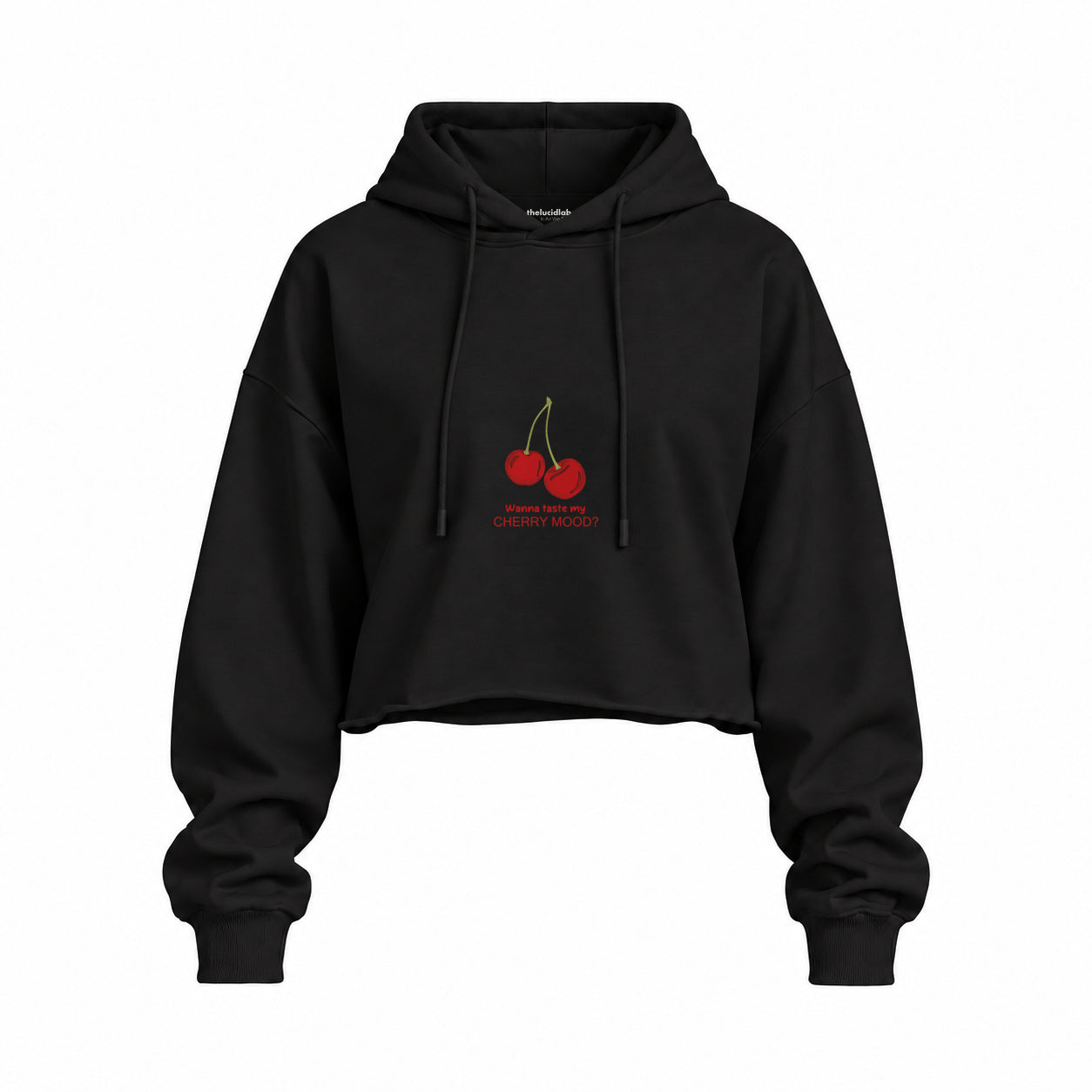 Cherry Mood Oversize Crop Hoodie — Siyah — Ön baskı