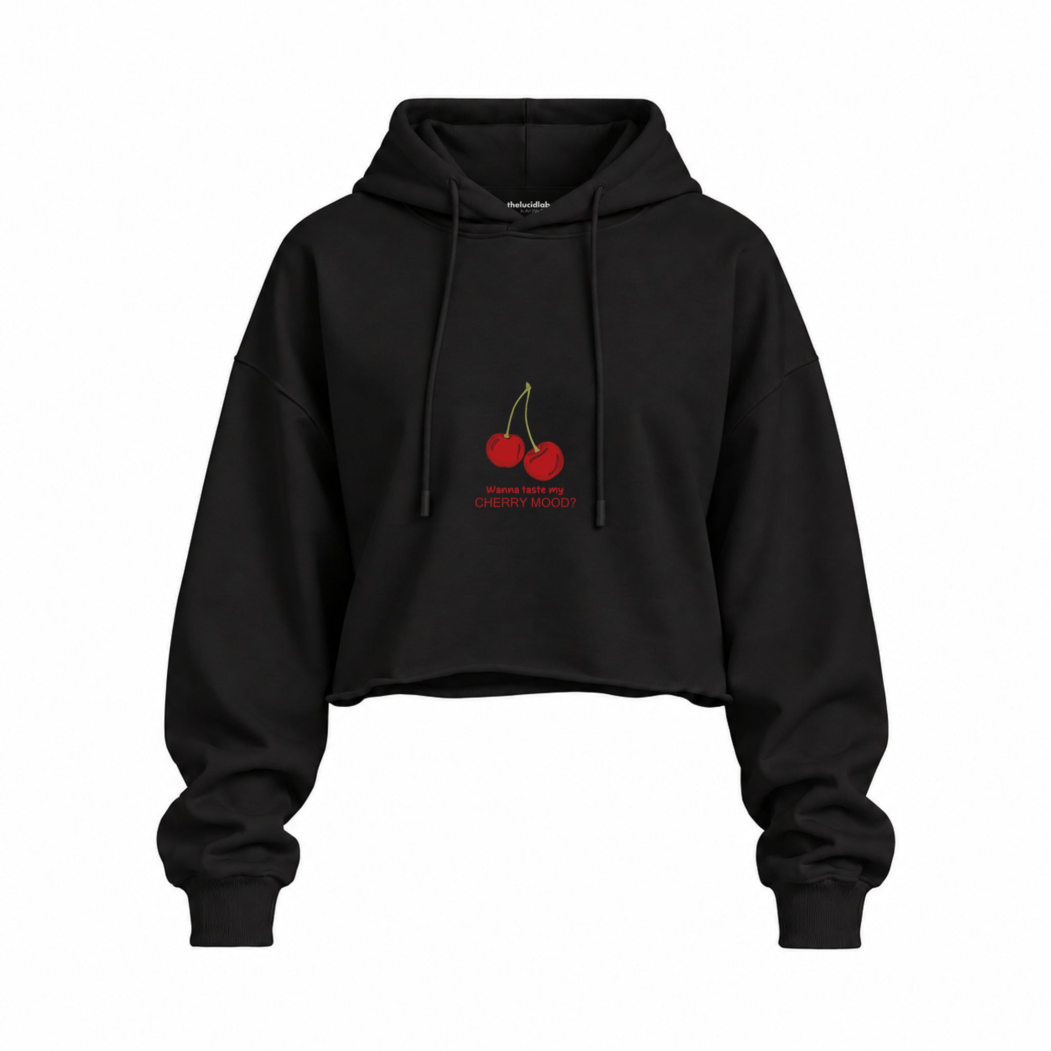 Cherry Mood Oversize Crop Hoodie — Siyah — Ön baskı