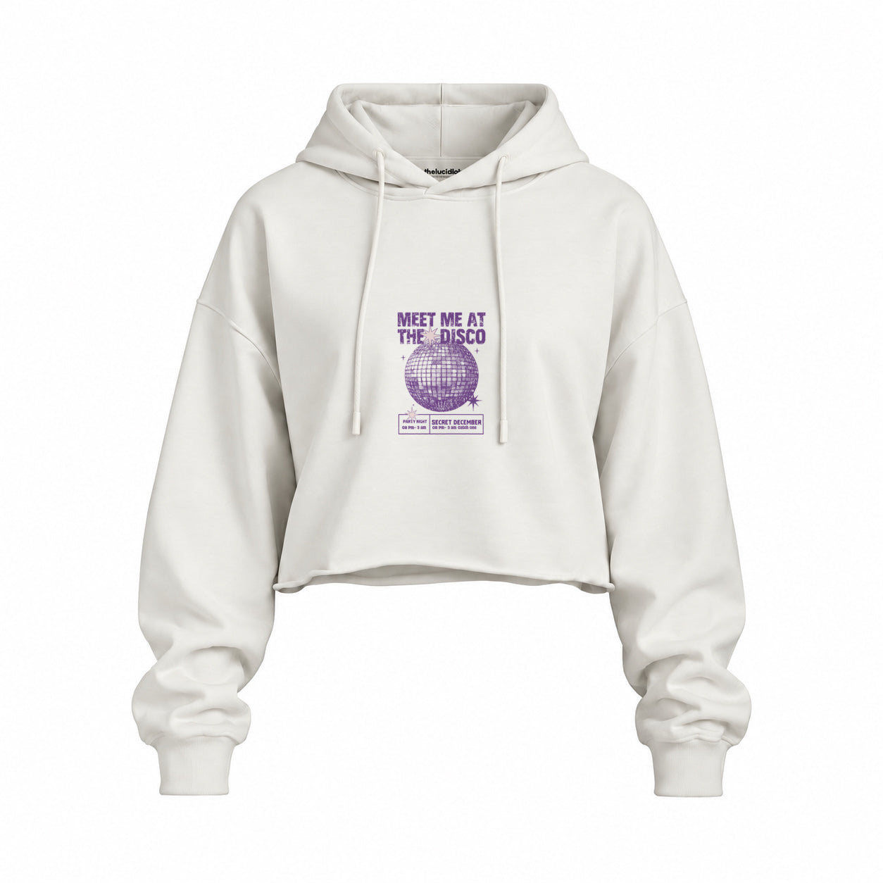 Meet Me At The Disco Oversize Crop Hoodie — Beyaz — Ön baskı
