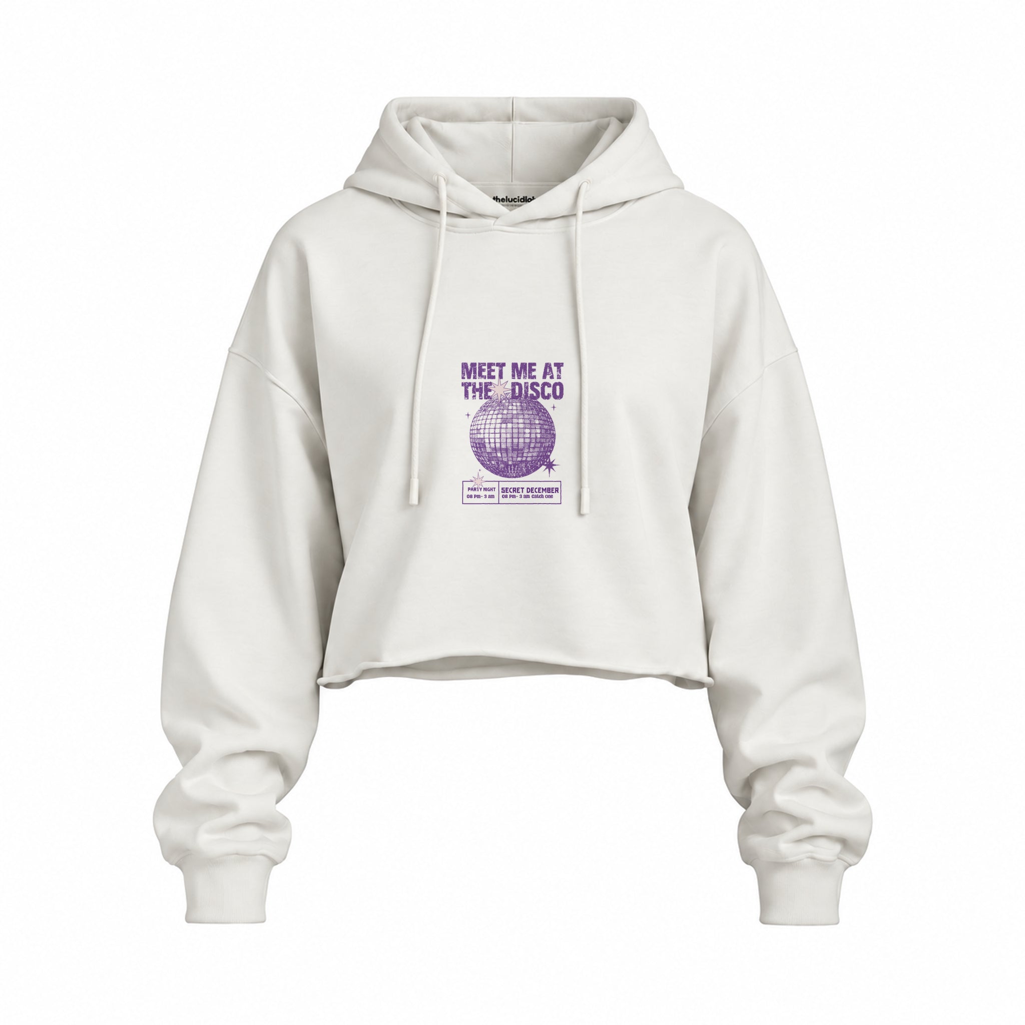 Meet Me At The Disco Oversize Crop Hoodie — Beyaz — Ön baskı