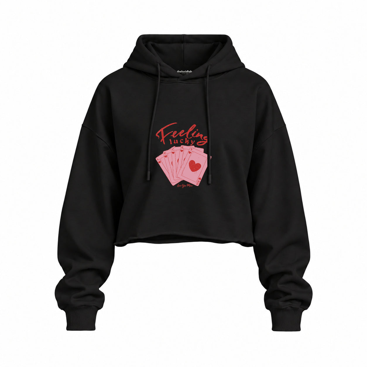 Feeling Lucky Oversize Crop Hoodie — Siyah — Ön baskı