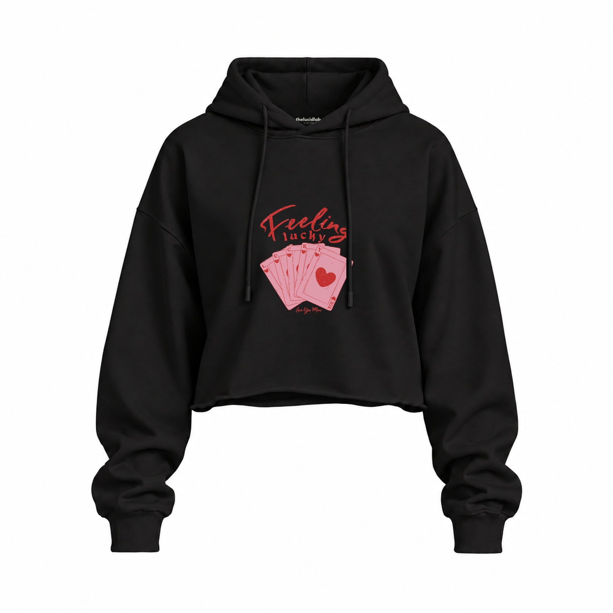 Feeling Lucky Oversize Crop Hoodie — Siyah — Ön baskı