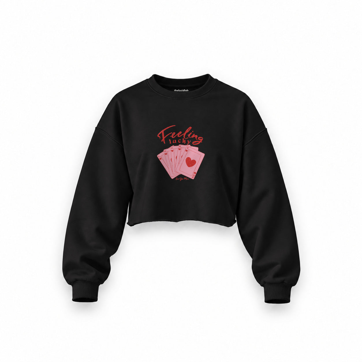 Feeling Lucky Oversize Crop Sweatshirt — Siyah — Ön baskı