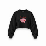 Feeling Lucky Oversize Crop Sweatshirt — Siyah — Ön baskı