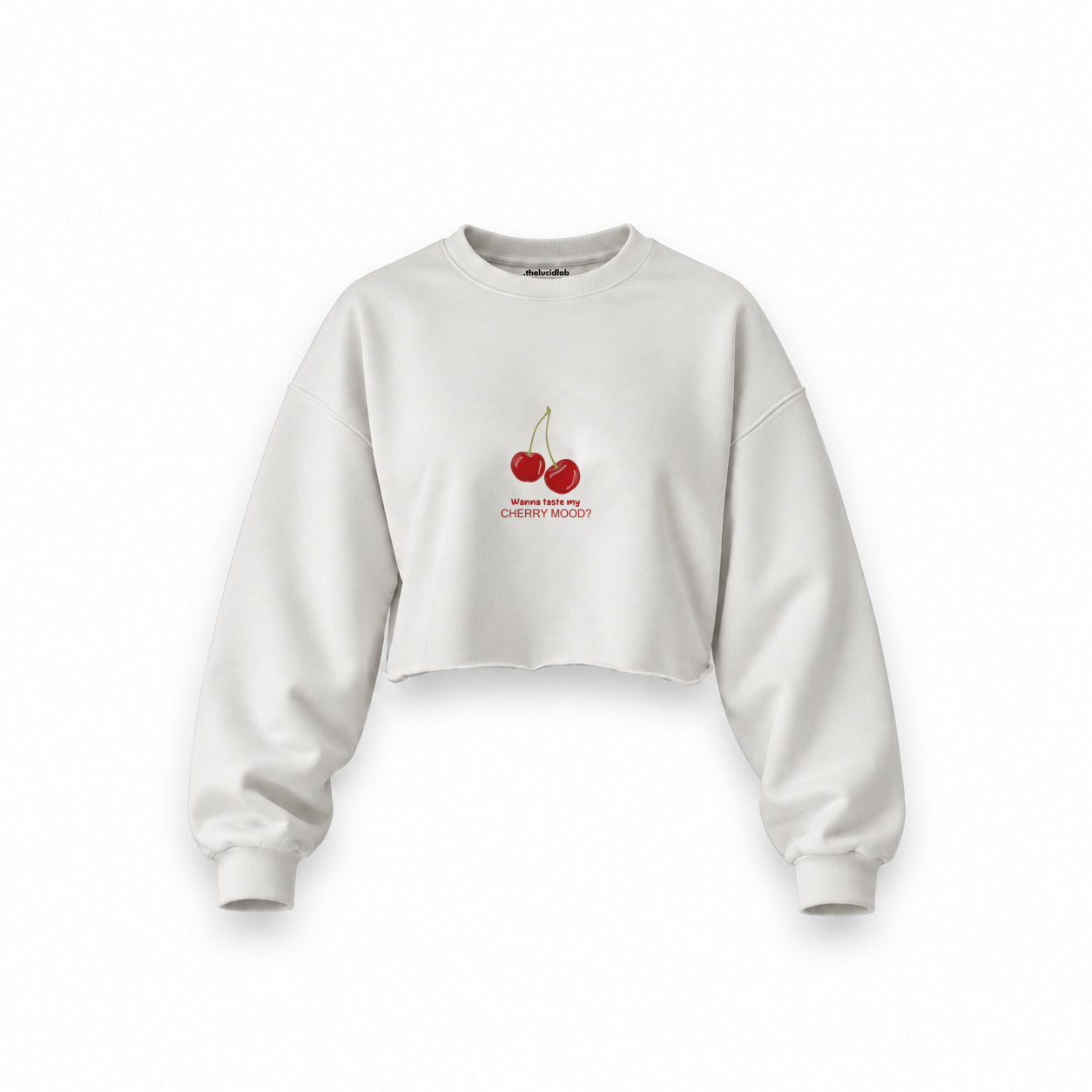 Cherry Mood Oversize Crop Sweatshirt — Beyaz — Ön baskı