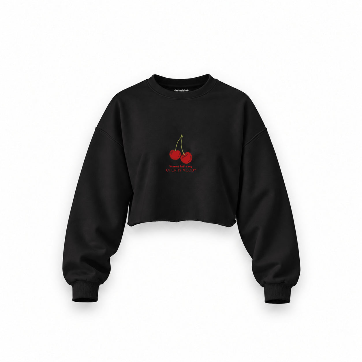 Cherry Mood Oversize Crop Sweatshirt — Siyah — Ön baskı