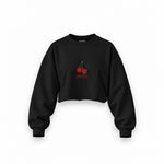Cherry Mood Oversize Crop Sweatshirt — Siyah — Ön baskı