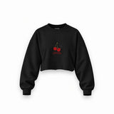 Cherry Mood Oversize Crop Sweatshirt — Siyah — Ön baskı