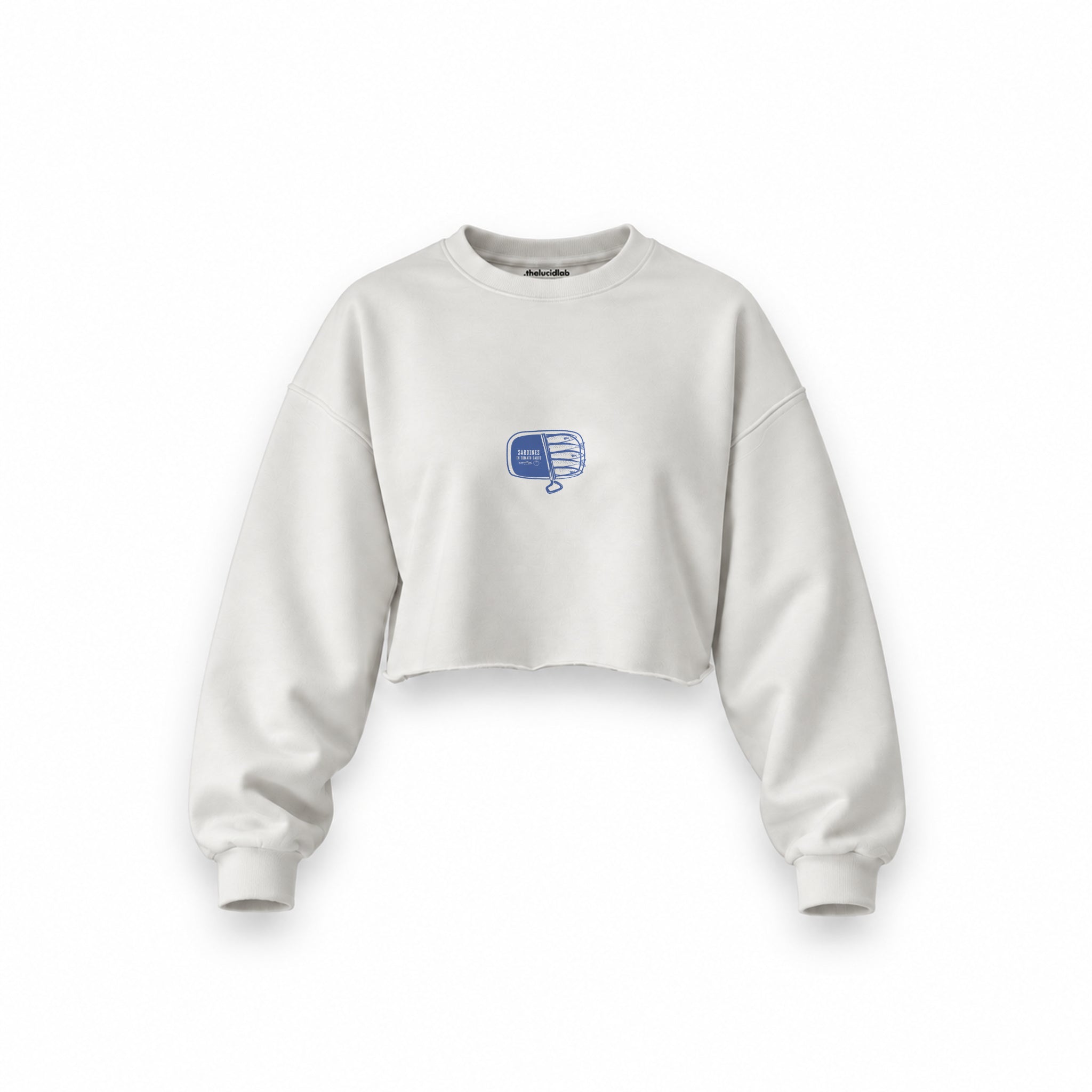Sardines Oversize Crop Sweatshirt — Beyaz — Ön baskı