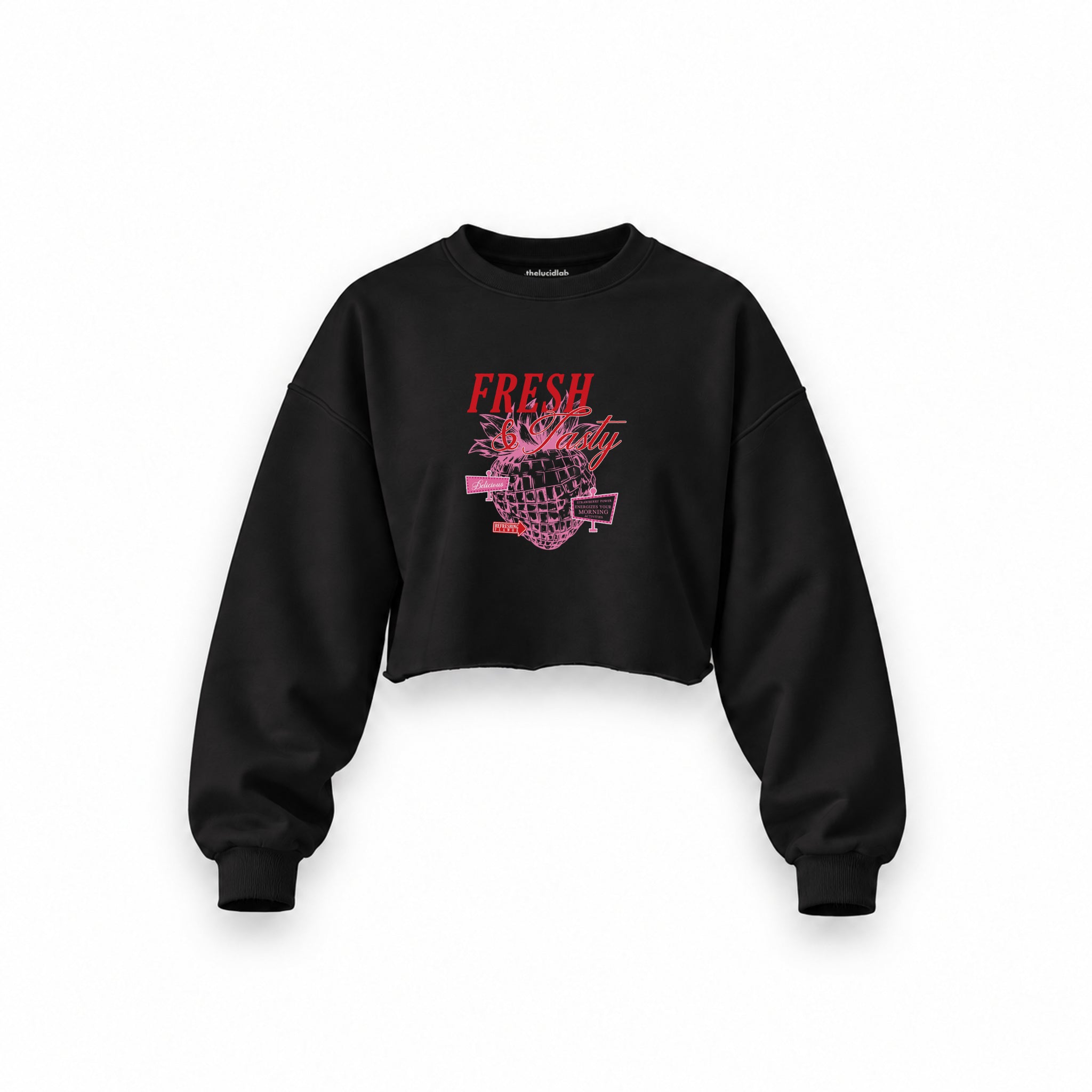 Fresh & Tasty Oversize Crop Sweatshirt — Siyah — Ön baskı