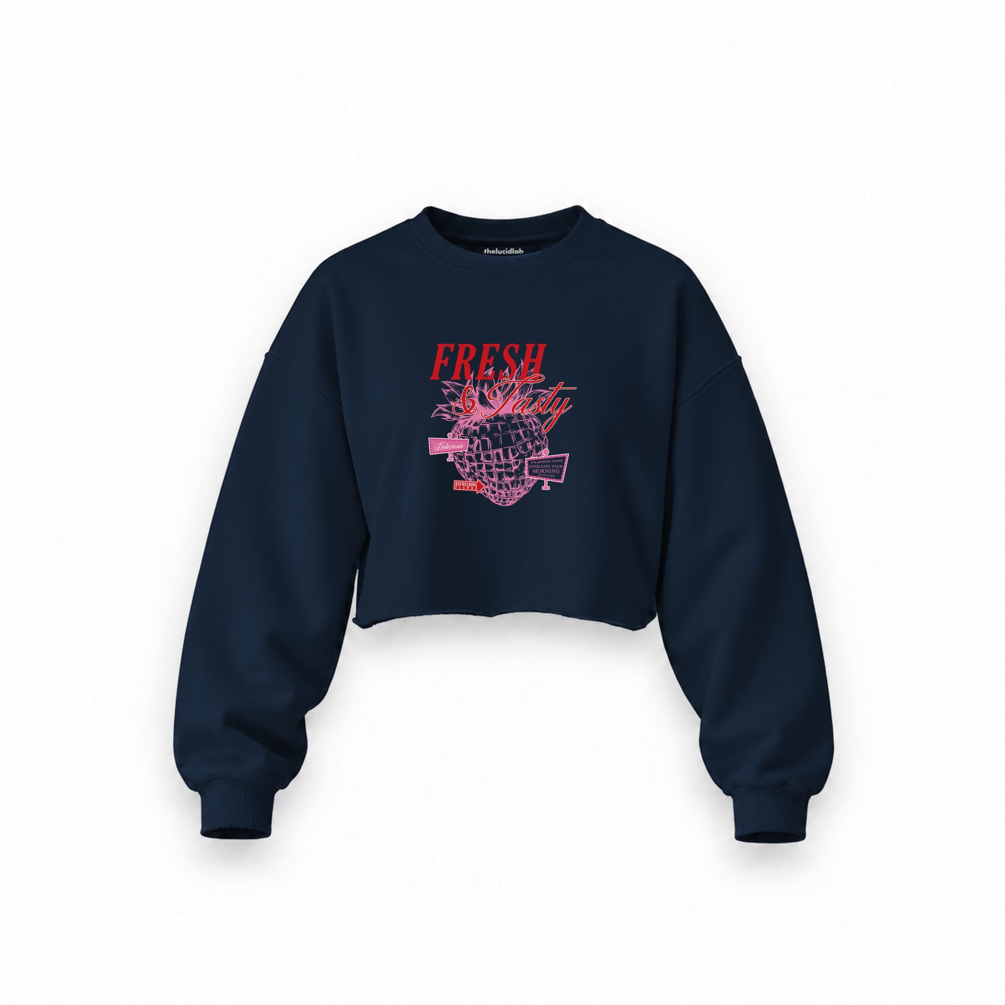 Fresh & Tasty Oversize Crop Sweatshirt — Lacivert — Ön baskı