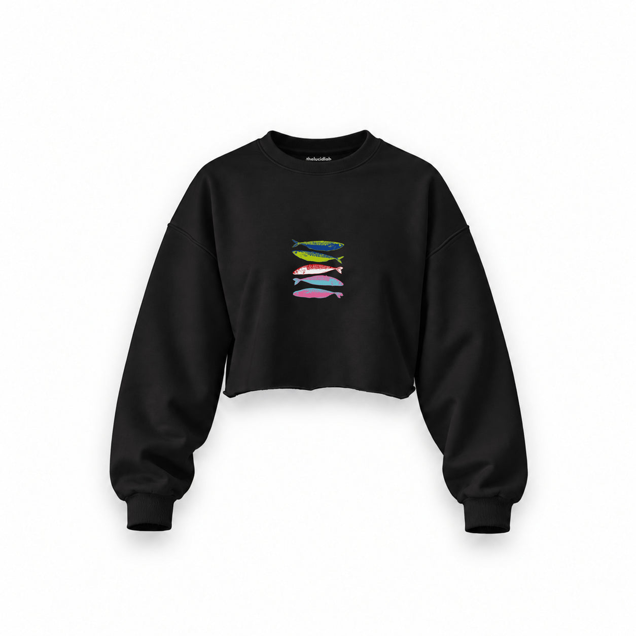 Warhol’s Sardines Oversize Crop Sweatshirt — Siyah — Ön baskı