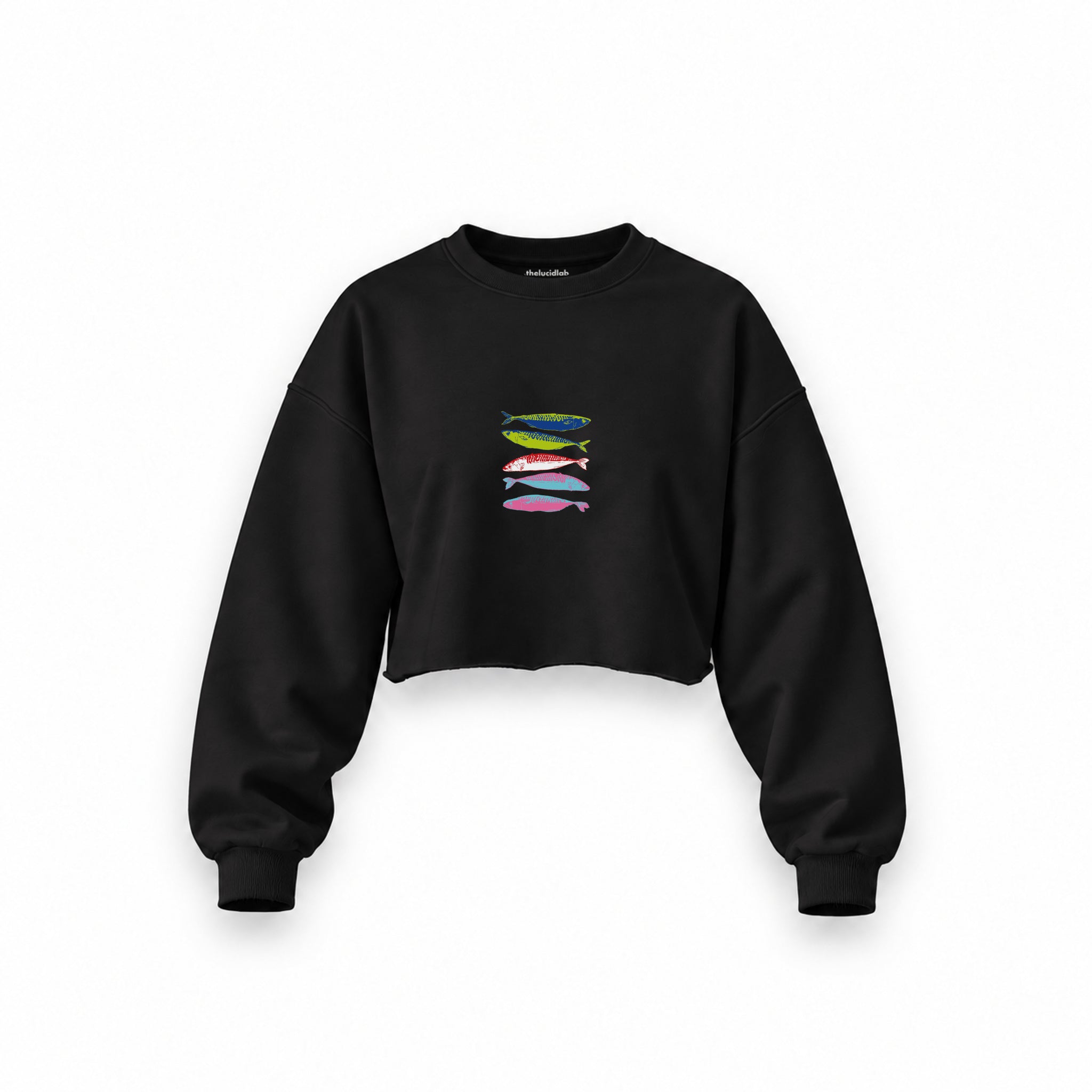 Warhol’s Sardines Oversize Crop Sweatshirt — Siyah — Ön baskı