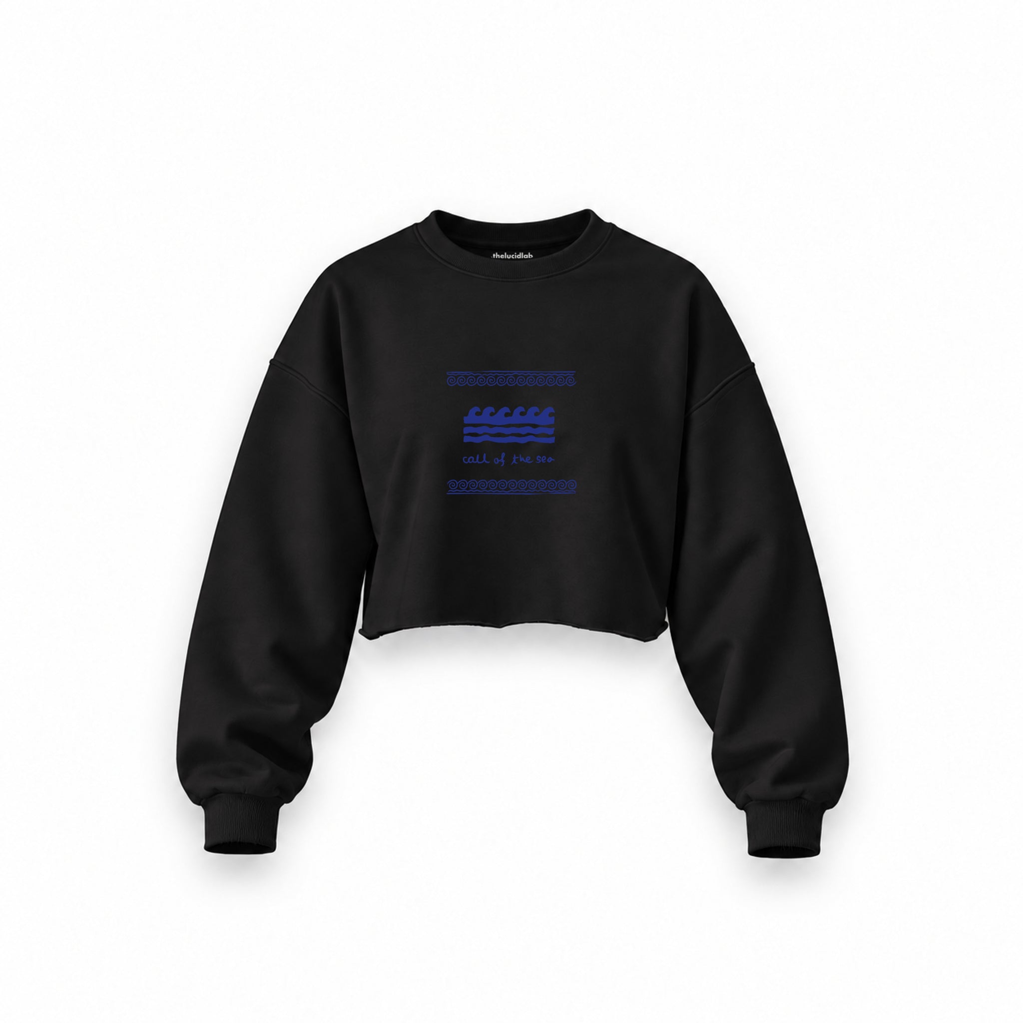Call Of The Sea Oversize Crop Sweatshirt — Siyah — Ön baskı