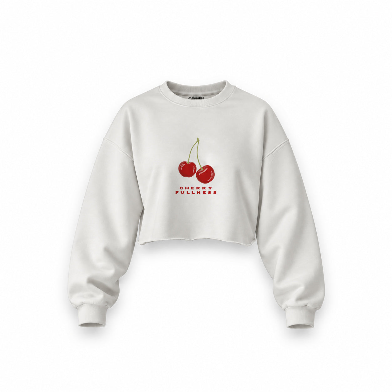 Cherry Fullness Oversize Crop Sweatshirt — Beyaz — Ön baskı