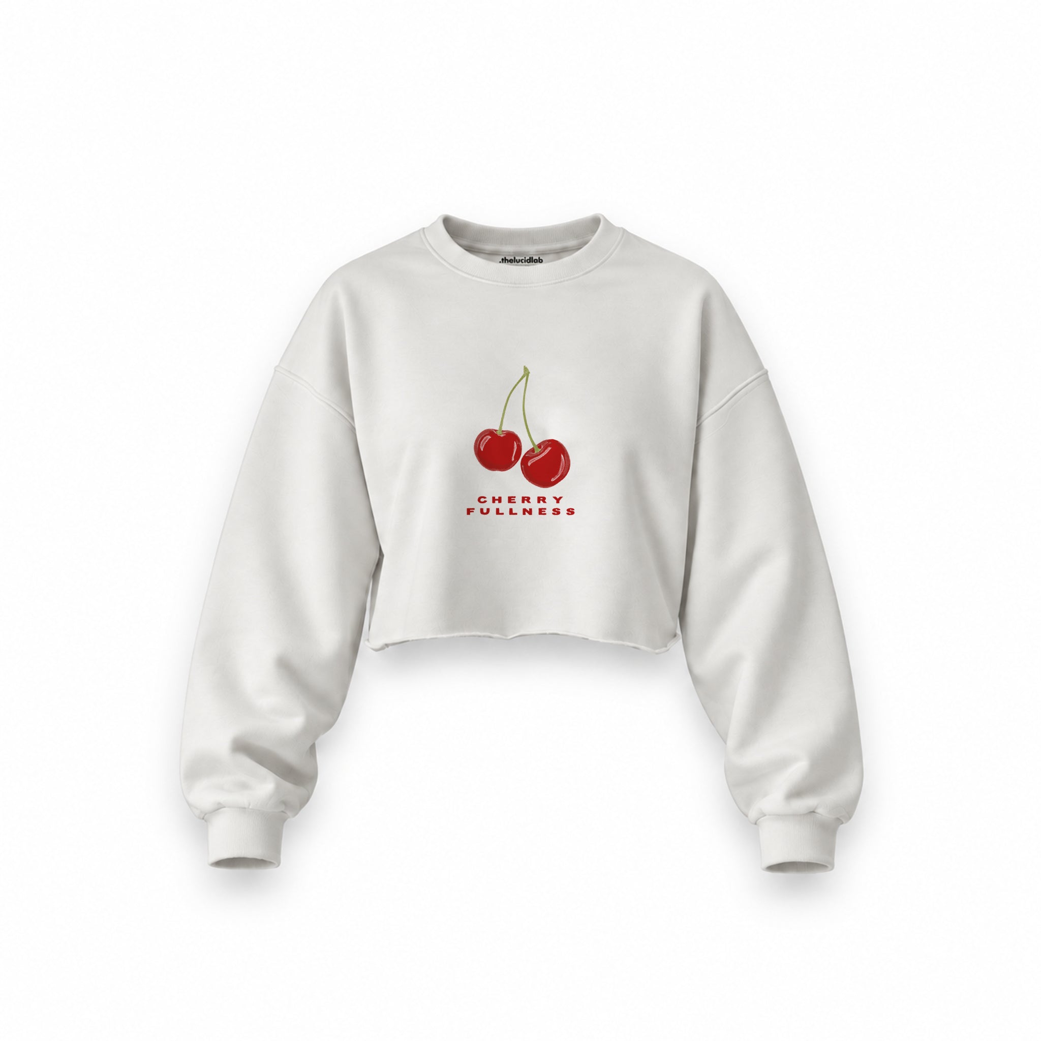 Cherry Fullness Oversize Crop Sweatshirt — Beyaz — Ön baskı