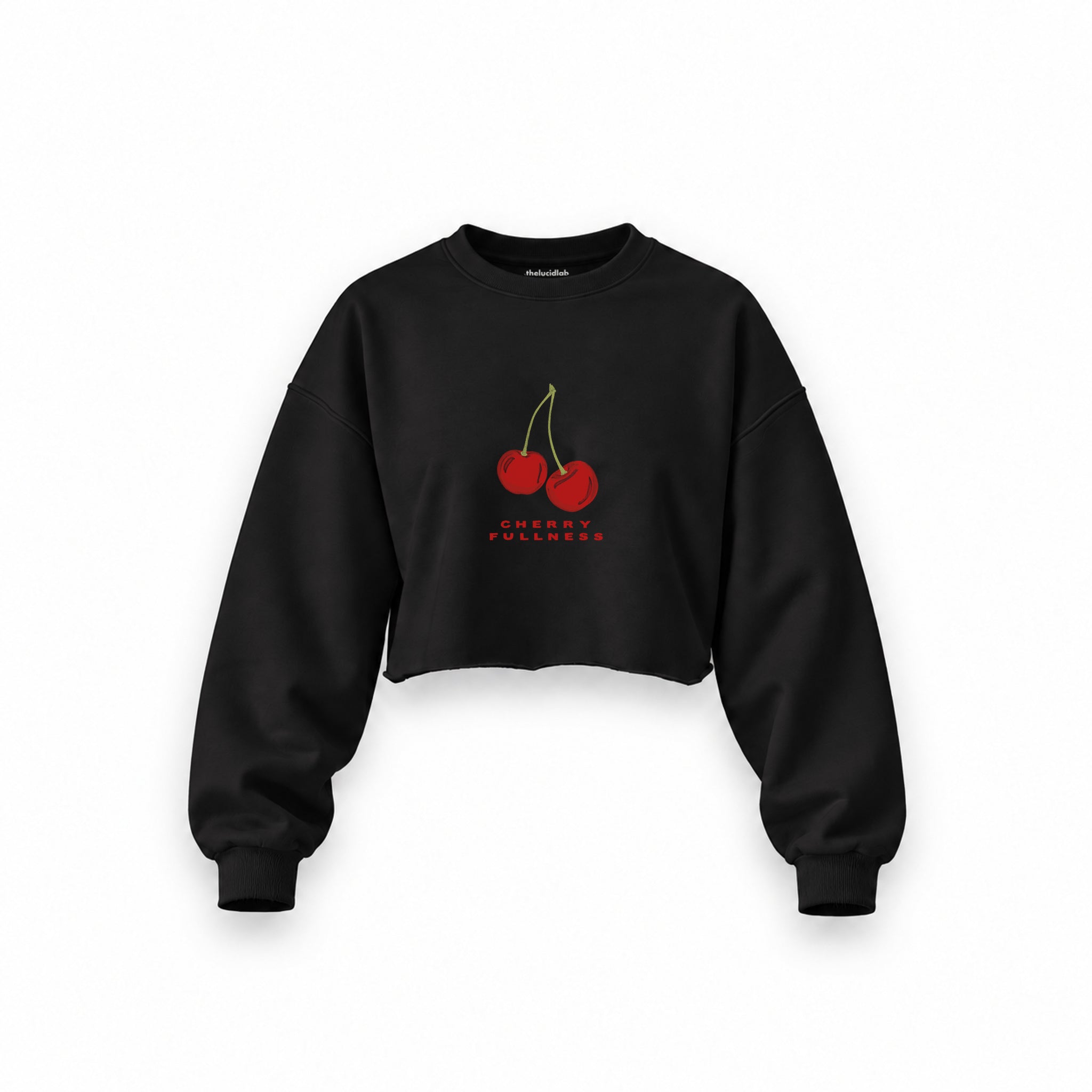 Cherry Fullness Oversize Crop Sweatshirt — Siyah — Ön baskı