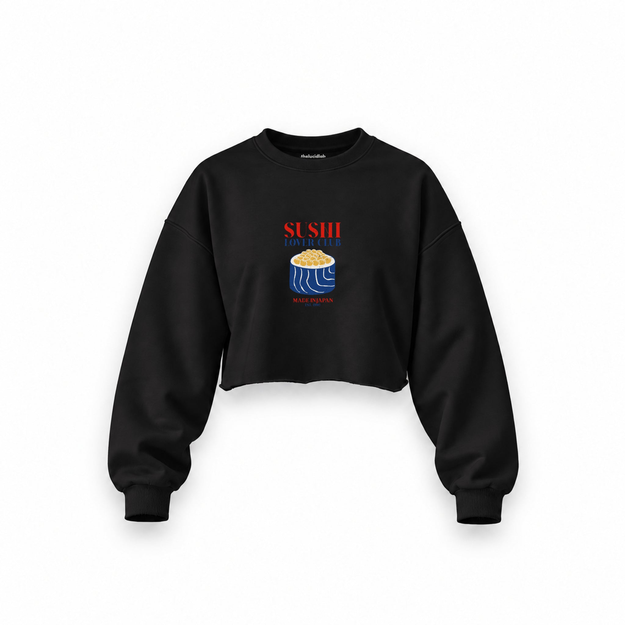 Sushi Lover Club Oversize Crop Sweatshirt — Siyah — Ön baskı