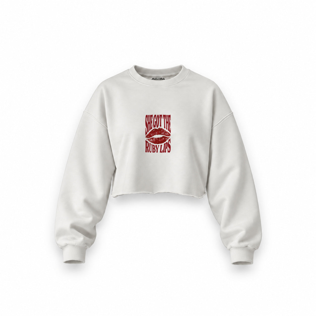 Ruby Lips Oversize Crop Sweatshirt — Beyaz — Ön baskı