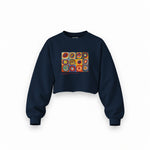 Color Study, Squares With Concentric Circles Oversize Crop Sweatshirt — Lacivert — Ön baskı