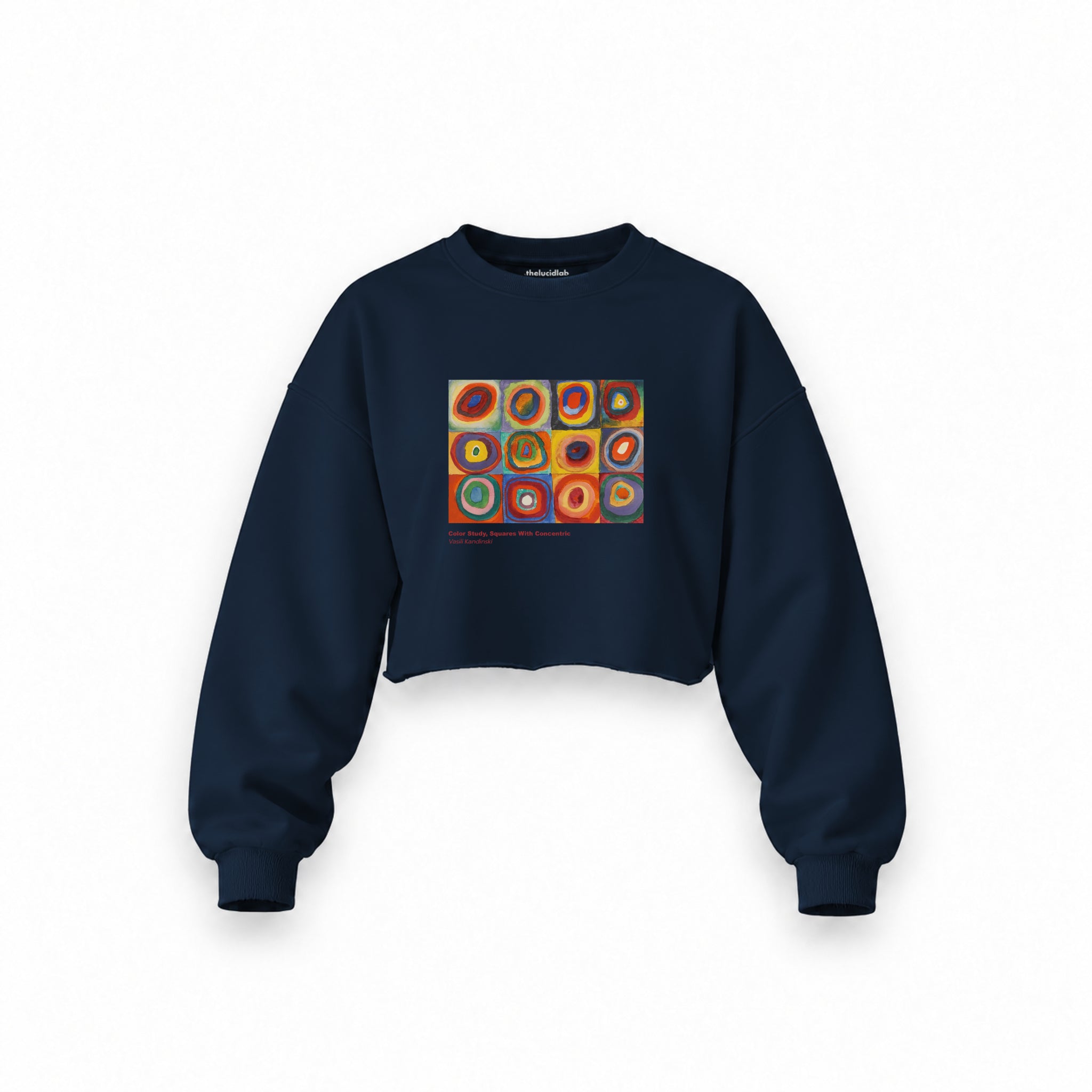Color Study, Squares With Concentric Circles Oversize Crop Sweatshirt — Lacivert — Ön baskı