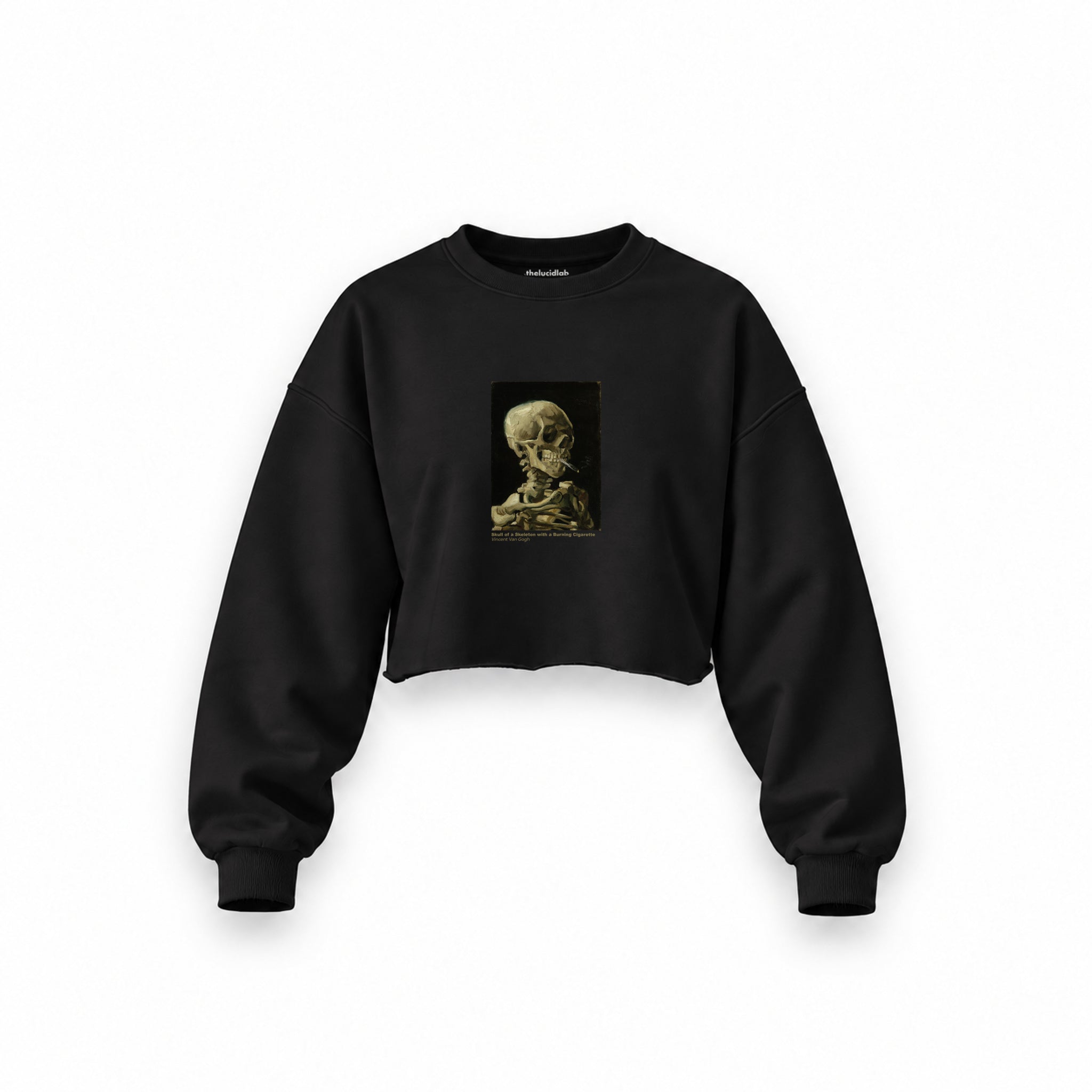 Skull of a Skeleton with Burning Cigarette Oversize Crop Sweatshirt — Siyah — Ön baskı