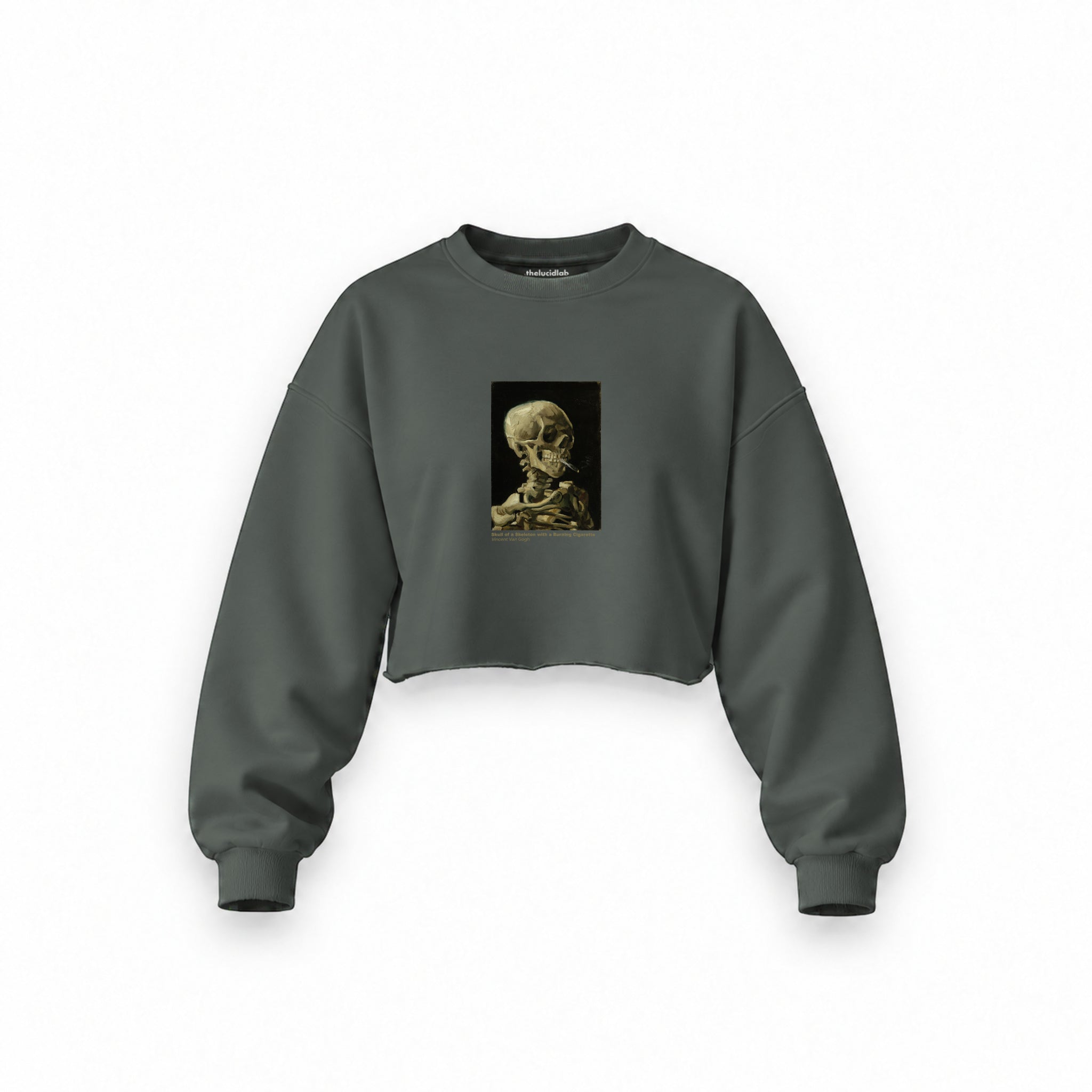 Skull of a Skeleton with Burning Cigarette Oversize Crop Sweatshirt — Antrasit — Ön baskı