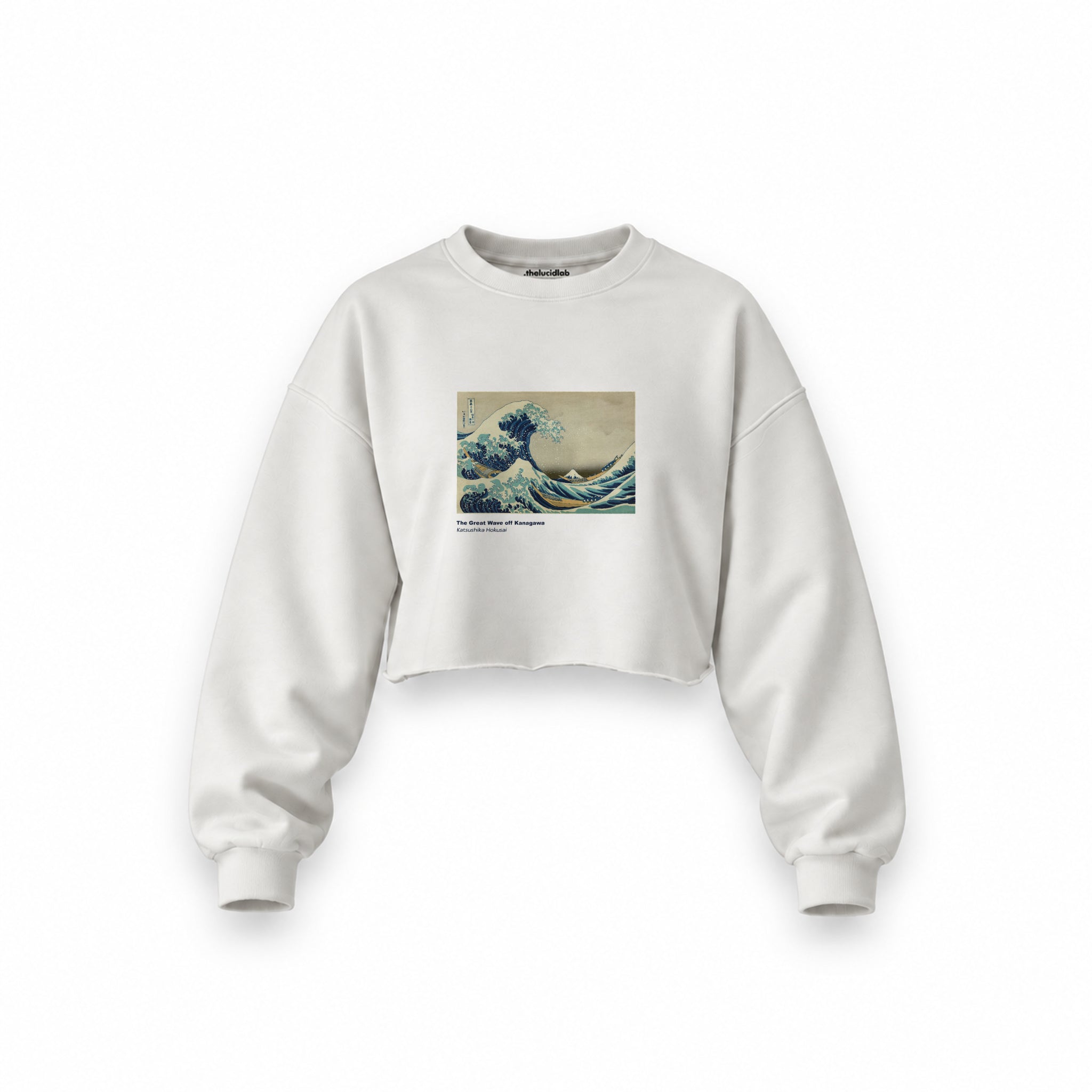 Kanagawa Oki Nami Ura Oversize Crop Sweatshirt — Beyaz — Ön baskı