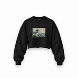Kanagawa Oki Nami Ura Oversize Crop Sweatshirt — Siyah — Ön baskı