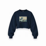 Kanagawa Oki Nami Ura Oversize Crop Sweatshirt — Lacivert — Ön baskı
